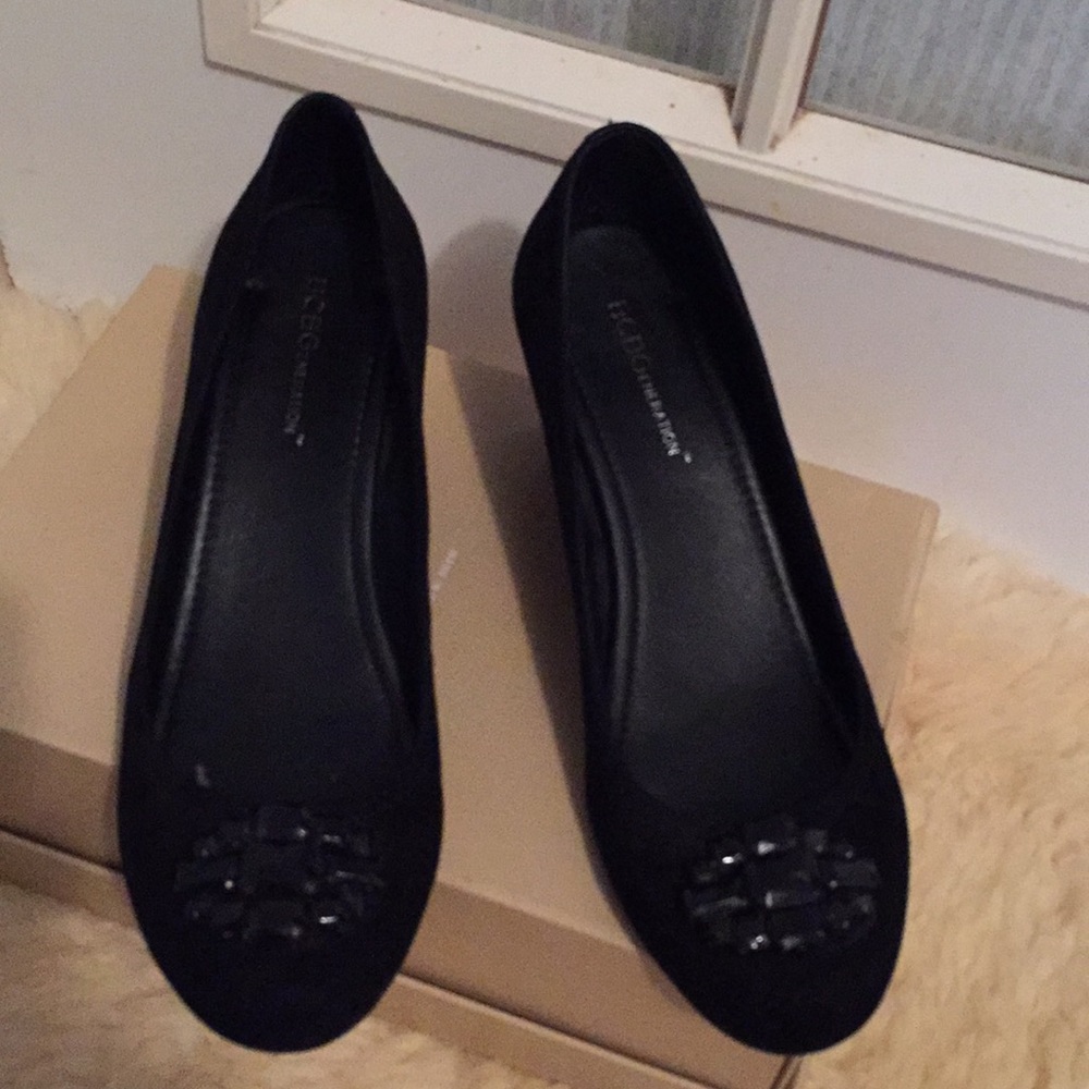 BCBG EMBELLISHED BLACK SUEDE WEDGES
